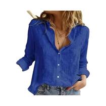 Blusa Casual Elegante De Algodão E Linho Para Mulheres, Manga Longa, Com Botões E Gola, Camisa Solta