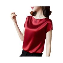 Blusa Casual Feminina De Cetim Com Manga Curta E Decote Redondo, Solta Para O Verão E Escritório Blusa Casual Feminina De Cetim Com Manga Curta E Decote Redondo, Solta Para O Verão E Escritório