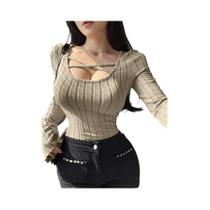 Blusa Casual Feminina De Outono Inverno Em Tricô Sólido Com Decote Quadrado E Manga Longa Ajustada Blusa Casual Feminina De Outono Inverno Em Tricô Sólido Com Decote Quadrado E Manga Longa Ajustada