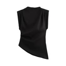 Blusa Casual Sem Mangas Para Mulheres, Com Pregas, Cor Sólida, Estilo Chic, Com Zíper E Barra