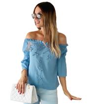 Blusa Ciganinha Ombro a Ombro Com Renda Tule Elastico na Manga Detalhada Ref 2534