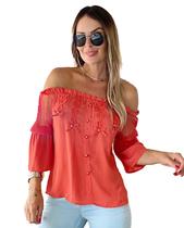 Blusa Ciganinha Ombro a Ombro Com Renda Tule Elastico na Manga Detalhada Ref 2534