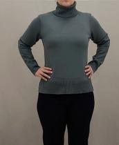 Blusa Cinza de Manga Comprida com Gola Role Canelada