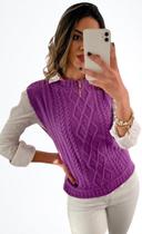 Blusa Colete em Tricô Manga Cavada Pulover Gola Redonda Tramas em Aran Moda Outono/Inverno