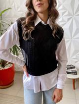 Blusa Colete em Tricô Manga Cavada Pulover Gola Redonda Tramas em Aran Moda Outono/Inverno