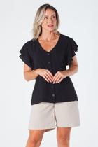 Blusa com Botões Funcionais e Manga de Babado Crepe Preta Blusa com Botões Funcionais e Manga de Babado Crepe Preta