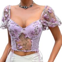 Blusa Com Manga Cropped Curta Crop Top Telinha Transparente