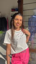 Blusa com Strass Manga curta SS Modas Feminina Branco Tam P