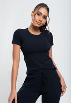 Blusa Comfy Básica Manga Curta Malha Canelada Preta Salvatore Fashion