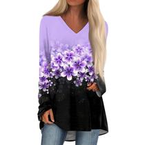Blusa COTECRAM, manga comprida, decote em V, solta, roxa escura, 5GG, feminina