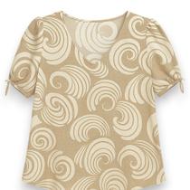 Blusa Cristã Feminina Plus Size Manga com Laço e Estampa Discreta Tecido Duna