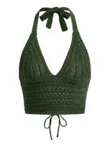 Blusa Crop Halter LOFAAC Sexy Hollow Out Crochet com gola em V Blusa Crop Halter LOFAAC Sexy Hollow Out Crochet com gola em V