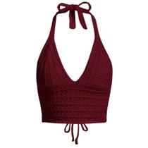 Blusa Crop Halter Naileksi feminina vermelha de crochê com cadarço sem encosto