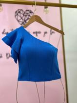 Blusa croped em malha canelada azul de um ombro só tamanho único Blusa croped em malha canelada azul de um ombro só tamanho único