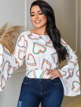 Blusa Cropeed Social Feminina Estampa de Coração Manga Longa Flare Sino Blusa Cropeed Social Feminina Estampa de Coração Manga Longa Flare Sino