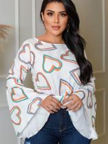 Blusa Cropeed Social Feminina Estampa de Coração Manga Longa Flare Sino Blusa Cropeed Social Feminina Estampa de Coração Manga Longa Flare Sino