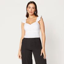 Blusa Cropped Alça com Babado e Franzido na Frente Branco - Sal do Mar