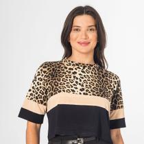 Blusa Cropped Animal Print Oncinha Viscolycra Manga Curta