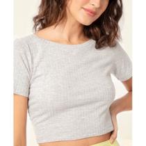 Blusa cropped basica canelada gola rasa manga curta moda elegante