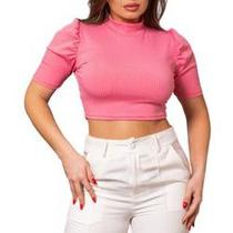 Blusa Cropped básico feminino canelado manga curta princesa gola alta