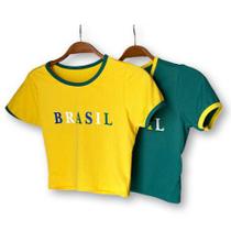 Blusa Cropped Brasil malha canelada manga curta feminino