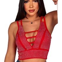 Blusa Cropped Brilho Strass Top Detalhe No Decote Duas Alças
