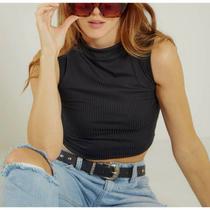 Blusa Cropped canelada cavada gola alta feminina fashion