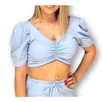 Blusa cropped canelada com bojo decote drapeado manga princesa feminino