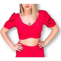 Blusa cropped canelada com bojo decote drapeado manga princesa feminino moda