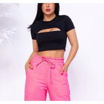 Blusa cropped canelada decote gota manga curta feminina