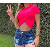 Blusa cropped canelada manga curta sem bojo transpassada feminina modas