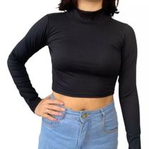 Blusa cropped canelada manga longa gola alta tendência feminina