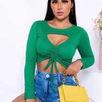 Blusa cropped canelada manga longa recorte no decote a regulagem novidade feminina