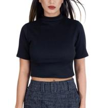 Blusa Cropped canelado básico manga curta gola alta feminina estilo