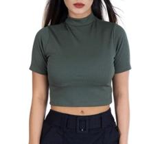 Blusa Cropped canelado básico manga curta gola alta feminina tendência