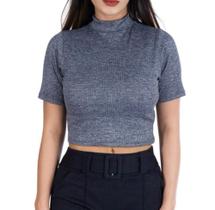 Blusa Cropped canelado básico manga curta gola alta feminino