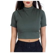 Blusa Cropped canelado básico manga curta gola alta feminino moda blogueira