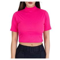 Blusa Cropped canelado básico manga curta gola alta feminino tendência