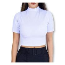 Blusa Cropped canelado básico manga curta gola alta feminino tendência