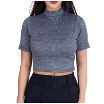 Blusa cropped canelado básico manga curta gola alta