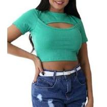 Blusa Cropped canelado decote vazado manga curta moda fahsion femimina