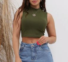 Blusa cropped canelado feminino gola alta cavado fashion