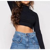 Blusa cropped canelado feminino manga longa gola alta tendência