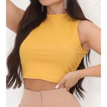 Blusa Cropped canelado gola alta cavado moda feminina elegante