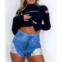 Blusa cropped canelado gola alta detalhe no ombro manga longa feminino