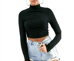 Blusa cropped canelado gola alta manga longa feminino estilo