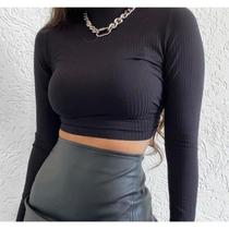 Blusa cropped canelado gola alta manga longa moda estilo