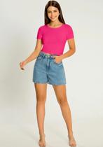 Blusa Cropped Canelado mais Alongado de Manga Curta - Lunender - Várias Cores