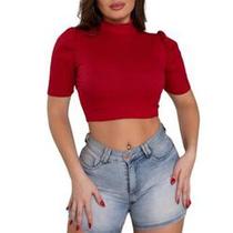 Blusa cropped canelado manga curta princesa gola alta feminino básico