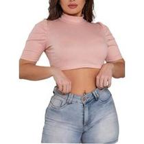 Blusa cropped canelado manga curta princesa gola alta feminino básico